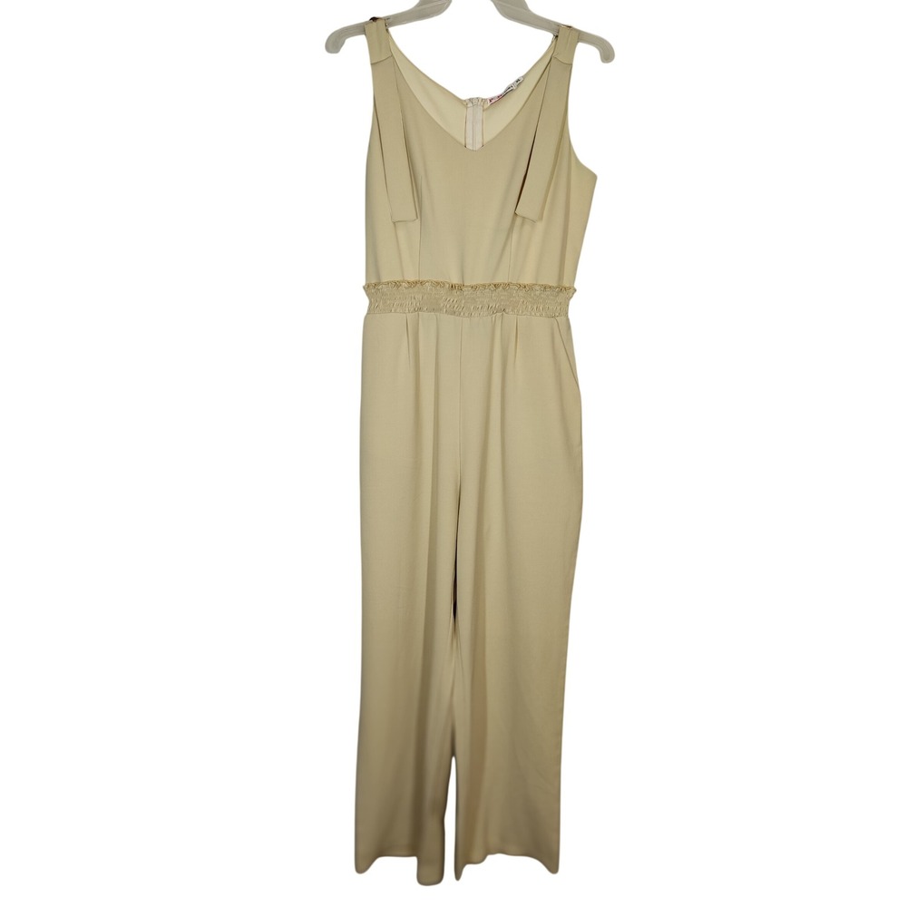 P&H Ladies Jumpsuit Women XL Beige Wide Leg Smock Waist VNeck Sleeveless Pockets